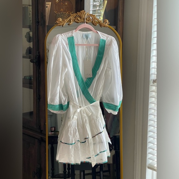 NWT Taj by Sabrina Crippa OLIVIA WRAP Ruffle DRESS in White and Teal - Picture 2 of 12
